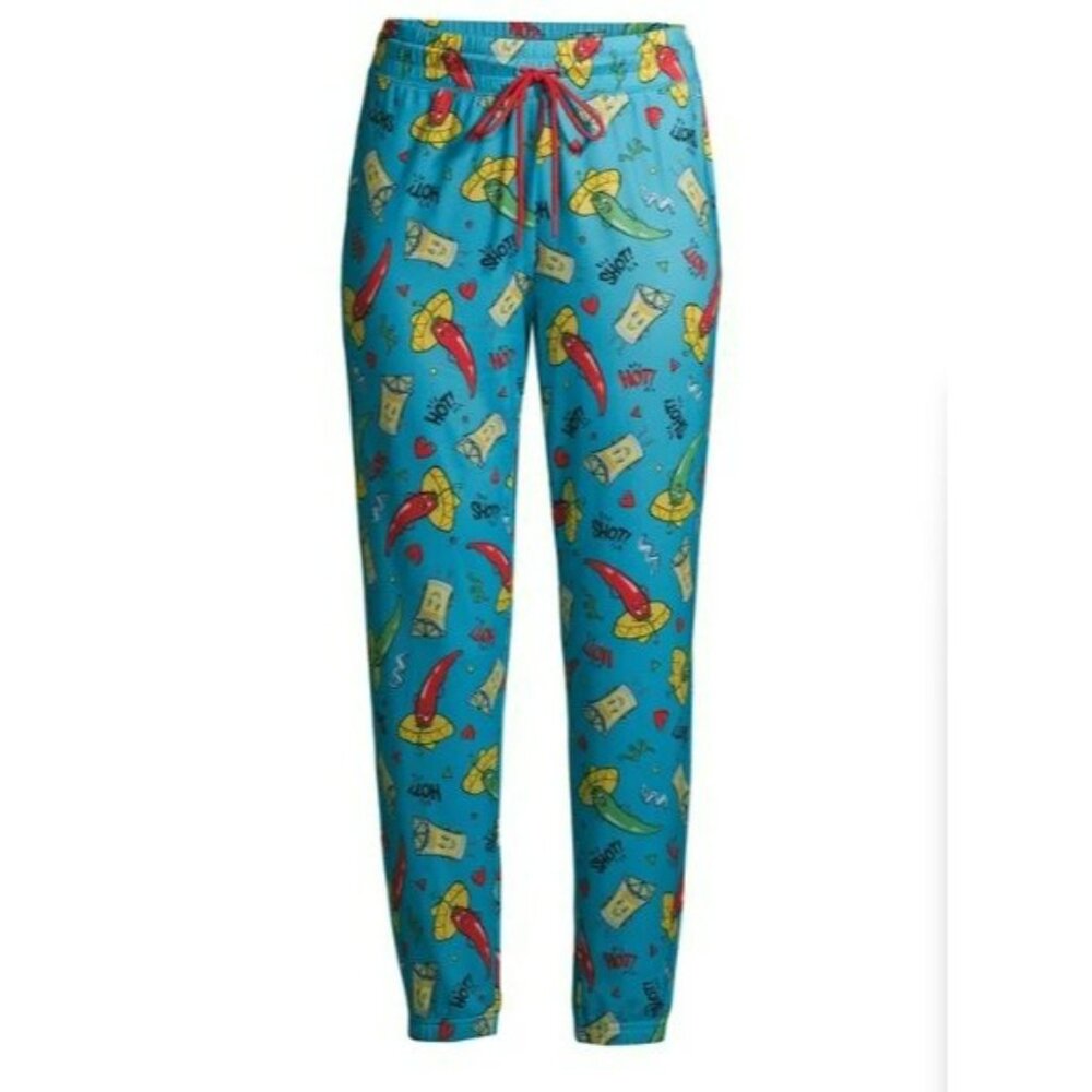 NWT Women’s M 8-10 Hot Pepper Print Sleep Jogger Pants Blue Comfy Lounge Pajamas